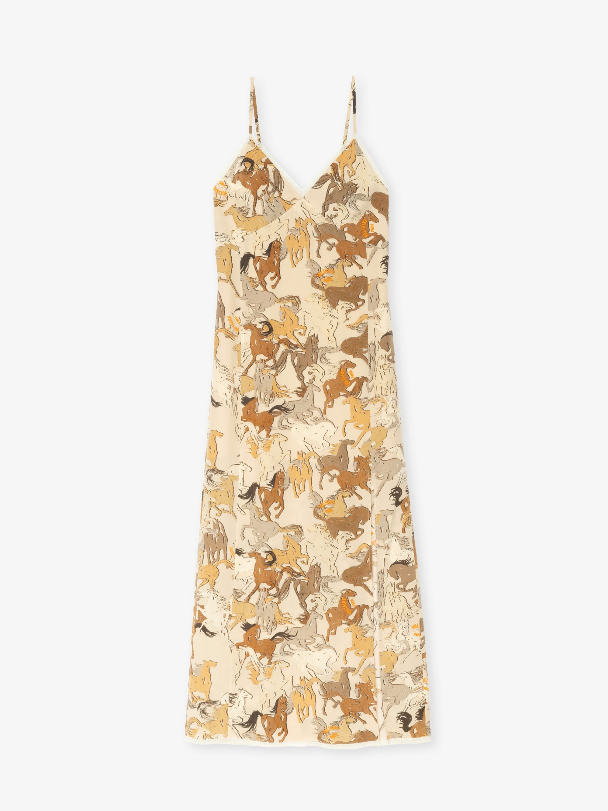 Ramelil 100% Silk Dress - Long lingerie-style dress in printed silk, with slit, adjustable straps, wing embroidery on the back and lace.